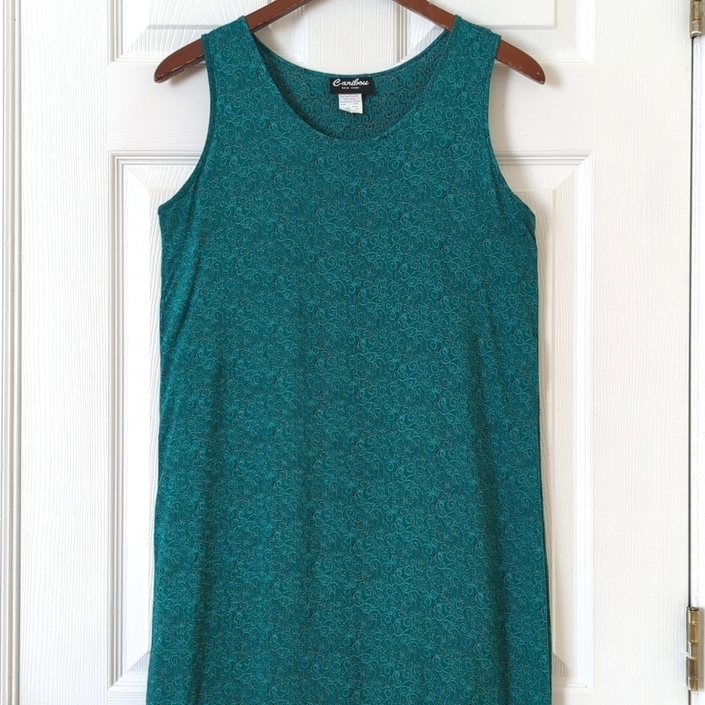 Caribou 80's Vintage Funky Swirl Printed Sleeveless Midi Shift Dress Teal Small - Picture 2 of 14